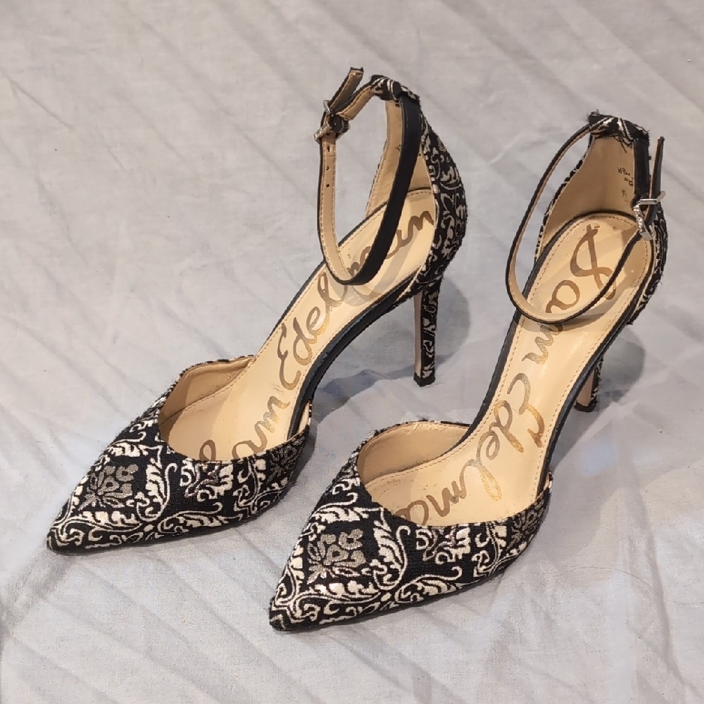 Sam Edelman Black, Pewter and Cream Brocade Fabric Women's Heels